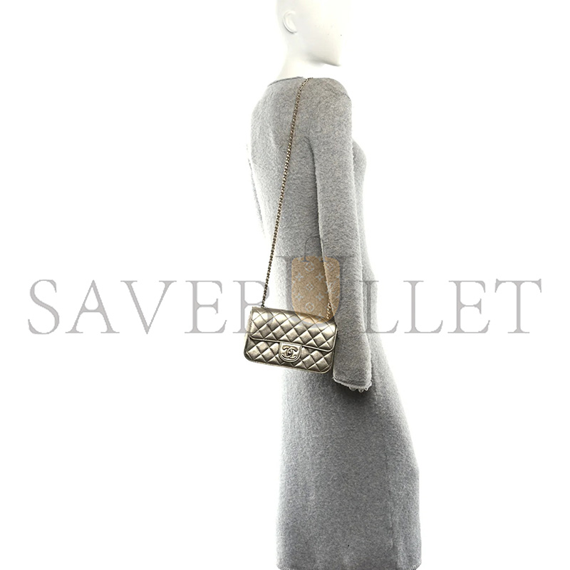 CHANEL MASTER METALLIC CAVIAR QUILTED MINI RECTANGULAR CC SLIDE FLAP LIGHT GOLD AS5759 (20*13*7cm)